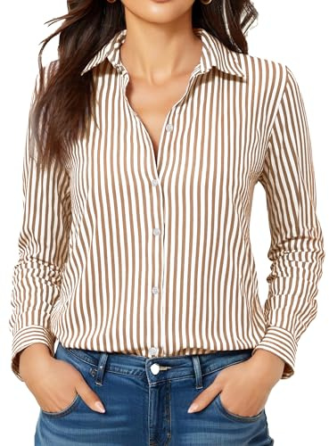 COUXILY Striped Button Down Shirts Business Casual Outfits for Women Dress Long Sleeve Silk Shirt Formal Blouses Collared Office Work Dressy Up Tops Blouse Wrinkle Free Brown and White Size L