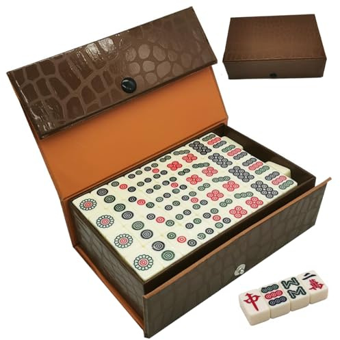 Ensemble de Mahjong chinois avec 144 tuiles mini set Mahjong avec un étui de transport marron et un jeu léger pour les voyages, le camping, les réunions famille, la fête d'amis, le chinois, Chris
