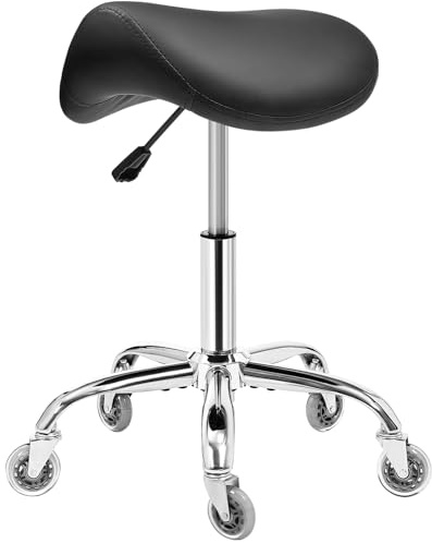 BEWISHOME Taburete Ergonómico de Silla de Montar con Ruedas, Ajuste Hidráulico Altura, Cojín Asiento Más Ancho, Adecuado a Peluquerías, Oficinas, Centros Masajes y Salones Belleza (Negro)