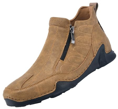 Chaussures respirantes pour homme - Chaussures d'hiver en cuir pour homme - Avec fermeture éclair latérale - Antidérapantes - Couleur unie - Chaussures de travail à enfiler - Chaussures de course