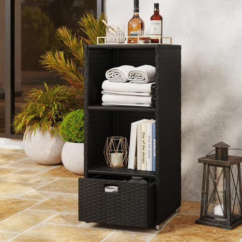 SunSwell Rattan Outdoor Pool Towel Rack Cabinet, Wicker Pool Storage Bins Storage Organizer, 2 Layer Shelf Hot Tub Spa Accessories, 45in, Black
