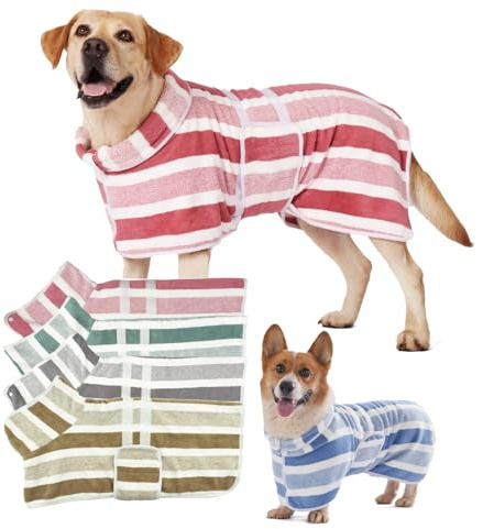 Edgiyuo 2pcs Super Absorbent Quick-Dry Dog Bathrobe - Soft Microfiber Striped Towel Robe for Pets with Adjustable Belly Strap, Pink, Large