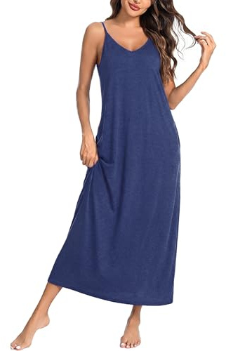 Marvmys Camisón Tirantes Mujer Vestido de Dormir Largo Mujer Verano con Bolsillos Cuello en V Camisón Básico Cómodo L-3XL