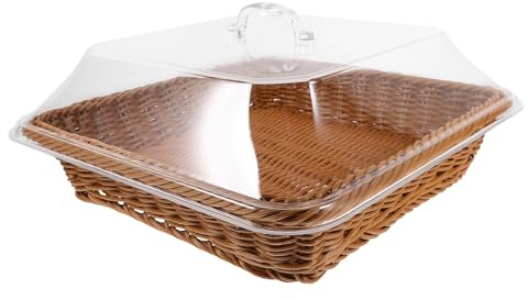 CANIGHT Cesta para Pan Cuadrada 31.4 Cm con Tapa Transparente Cesta Tejida de Ratán Sintético Color Té Bandeja para Servir Frutas Bollería y Snacks para Hogar y Restaurante Reutilizable