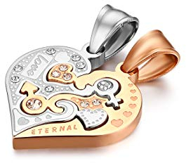 Flongo Partner Anhänger Halskette Partnerketten, 2 Stück Edelstahl Halskette Kette mit Eternal Love Gravur Herz Puzzler Anhänger Silber Rose Gold Partnerschmuck Herren,Damen