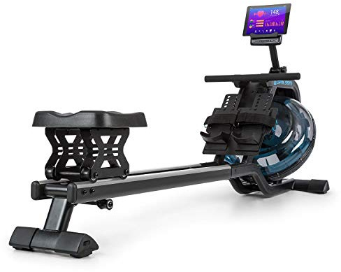 CAPITAL SPORTS Flow M2 - Máquina de Remo de Agua, Máquina de Remo Profesional, 80 cm de Largo, Ordenador con Pantalla LCD, Soporte para tabletas, Aluminio y Acero, 6 Niveles/máx. 14 litros, Negro