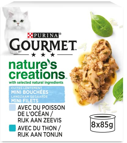 GOURMET | NATURE’S CREATIONS | Chat Adulte | Mini Bouchées avec des ingrédients naturels sélectionnés | Au Poisson : Poisson de l'Océan, Thon | Lot de 12 (8 x 85g)