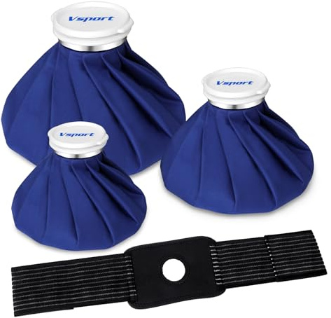Vsport Ice Bag for Injuries，Reusable Ice Cold Pack, Hot Water Bag, Hot & Cold Therapy and Pain Relief with Elastic Breathable Support Wrap, 4-Pack, 3 Sizes (6/9/11), Hot Therapy is 50-60℃