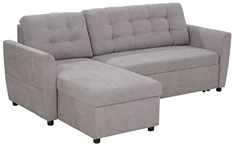 HOMCOM Divano Letto Angolare 3 Posti con Chaise Longue Contenitore e Rivestimento Effetto Lino, 217x134x85cm, Grigio