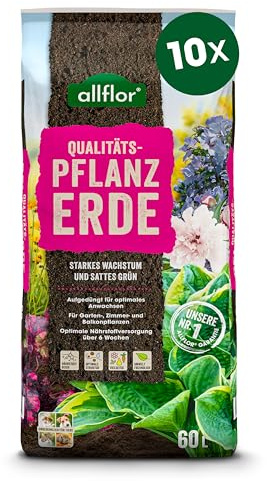Allflor Pflanzerde I 10 x 60 Liter Beutel I Erde gebrauchfertig, aufgekalkt, aufgedüngt I Blumenerde für Pflanzungen im Garten oder im Kübel I Schnelles und optimales Wachstum