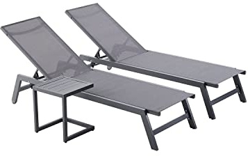 CONCEPT USINE Set di 2 lettini reclinabili + tavolino da salotto | Prato grigio e nero | 2 ruote | alluminio tessile regolabile | giardino terrazza spiaggia piscina