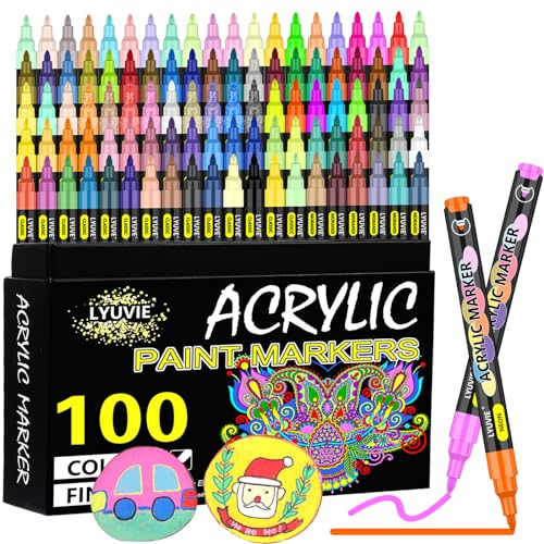 Lyuvie Acrylstifte für Steine Wasserfest,100 Farben Acrylmarker für Holz Rock Painting Glas Kiesel Stein Metall Keramik,Permanent Marker Acrylstifte Wasserfest 0,7mm Extra Feine Spitze