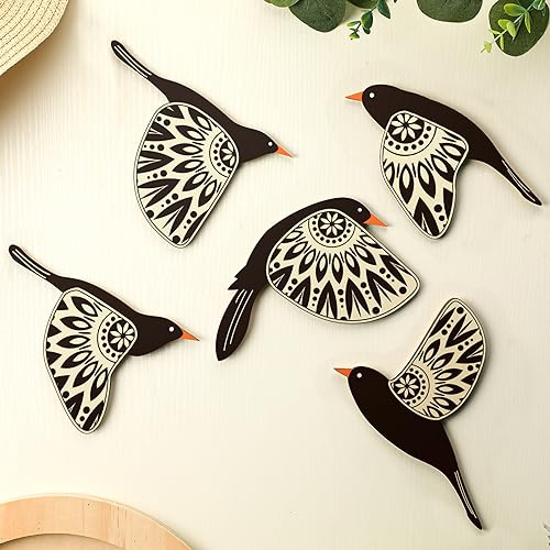 Barydat Set of 5 Wooden Birds - Rustic Scandinavian Wall Decor - Scandinavian Wall Decor for Bird Lovers Living Room Bedroom Kitchen Office (Black)