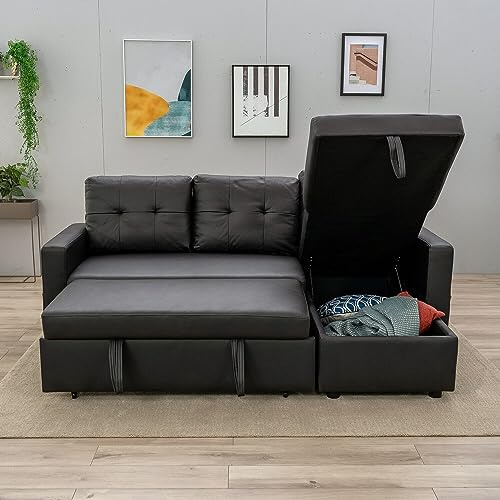Panana 3 Seater Universal Sofabed, Pull Out Sleeper Corner Couch Bed with Storage Chaise. Black Faux Leather