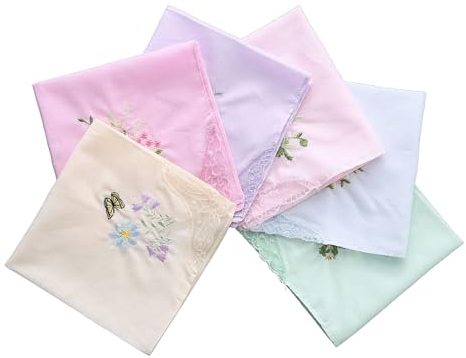 NYGGTYK 6 Pañuelos para Mujer Retro de Algodón Suave con Encaje Bordados (Blanco/Rosa/Amarillo/Azul/Morado/Verde), Talla Única