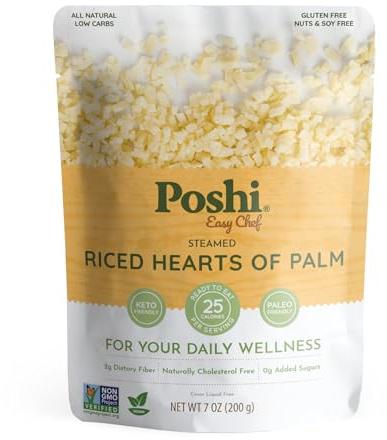 POSHI Riced Heart Of Palm | All Natural, Fully Cooked, Ready to Eat, Non-GMO, Low Calorie + Carb, Gluten Free, Vegetable Rice, Meals, On The Go, Plant-Based, Healthy, Veggies (7oz, 6 Pack)