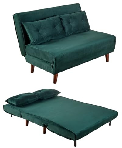 Home Source Double Sofa Bed Futon Couch, Folding Chair Recliner Settee, 2 Pillows, Green Velvet