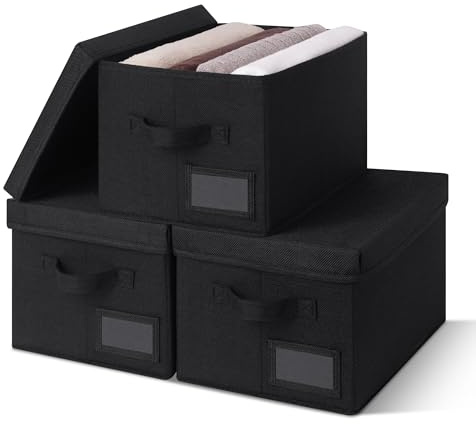 GRANNY SAYS Cloth Storage Boxes with Lids, Pack of 3 Black Storage Boxes with Lid, Wardrobe Box Organisers, Clothes Baskets for Shelves, Foldable Box for Bedroom Living Room Organising