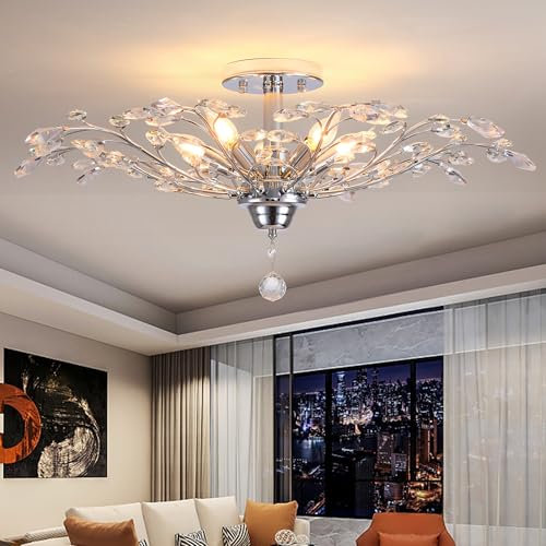 Ganeed Vintage K9 Klare Kristall Kronleuchter Deckenbeleuchtung, Pendelleuchte Unterputzleuchte für Wohnzimmer Esszimmer Restaurant Veranda Flur Silber 5 Lichter