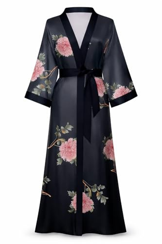 Top Sale Peignoir kimono à manches longues en pure soie de mûrier Taille unique Différentes couleurs et motifs, Blush noir, Taille unique