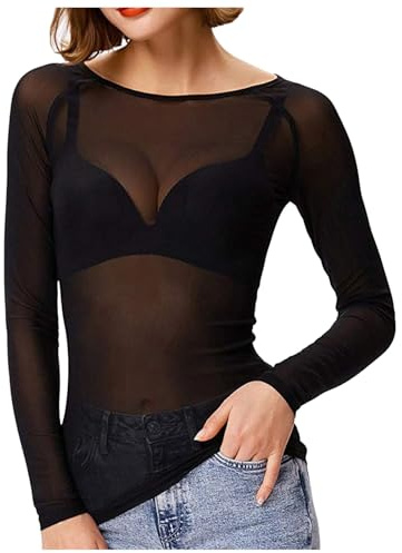 Haut en maille pour femmes à manches longues, t-shirt basique à manches longues pour femmes sexy - haut en résille pour femmes stretch résille transparent hauts t-shirt élégant pull chemise moulante