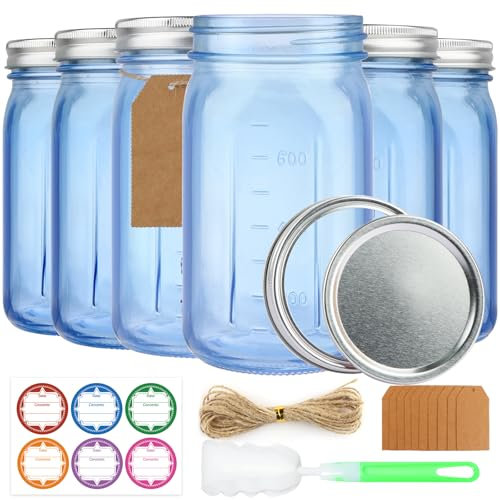 CARBLIN 6 Pack Mason Jars 32 oz, Blue Wide Mouth Canning Jars with Airtight Lids, Glass Pint Jars with Bands Labels Brush, Large Storage Quart Jars for Jam Fermenting Preserving