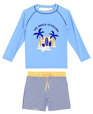 weVSwe Kinder Badeanzug Langarm Jungen Schwimmset UPF 50+ Badetop und Badehose 2 Stück Kleinkind Sonnenanzug Surfanzüge Kinder Blaue Streifen 8 Jahre