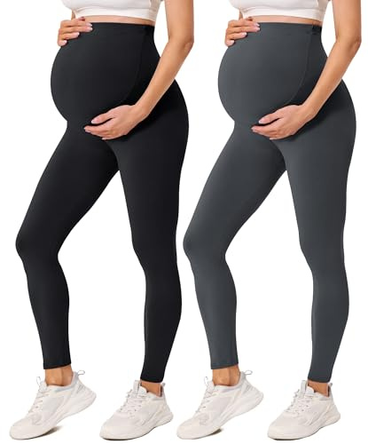 VALANDY Creamlush 2-pack kvinnor moderskap leggings över magen graviditet aktiv användning träning yoga tights byxor, 2-pack-svart/mörkgrå, M