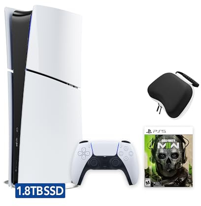 PlayStation 5 Slim Upgraded 1.8TB Digital Edition Call of Duty Modern Warfare II Bundle and Controller Charger - White, Slim PS5 1.8TB PCIe SSD Gaming Console with Upgraded Ultra Fast SSD, Haptic Feedback Controller, Charger, and Game
