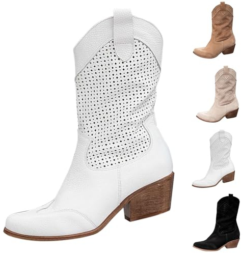 Gyaimxfu Bottines de cowboy pour femme - En daim - Bottes basses à enfiler - Bottes courtes de transition - Talon bloc - Bottines mi-hautes pour femme, Blanc., 37 EU