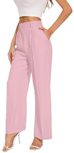 Pantalon large pour femme avec plis sur le devant et poches, pantalon long élégant pour bureau, pantalon décontracté, rose, XS