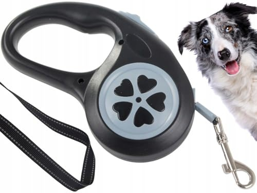 Guinzaglio Retrattile Cani, Fino 5 metri Lunghezza, Tasto Blocco, Taglia PICCOLA/MEDIA, Peso Massimo 15 Kg, Corda Senza Grovigli a 360°, Impugnatura Ergonomica (NERO-GRIGIO)