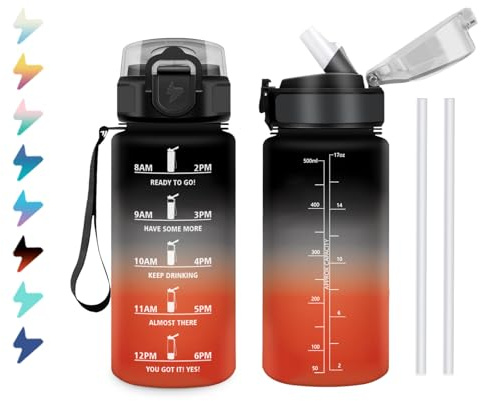 Vattenflaska för barn, 500 ml, sportflaska med sugrör, läckagesäker, lämplig för kolsyrade drycker, vattenflaska med tidsmärkning, sportvattenflaska för pojkar, flickor, camping, cykel, vandring, gym