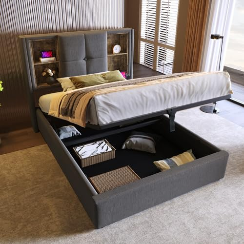 LAKFEW Cama Individual Camas Juveniles 90x200 cm con Carga Inalámbrica y USB, Cama 90 Camas Individuales con Almacenamiento Hidráulico y 4 Compartimentos Abiertos, Gris, Sin Colchón