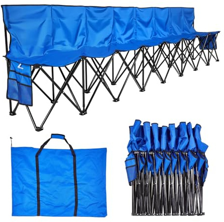 VEVOR Banc Pliant Portable à 8 Places, Banc de Camping Pliable avec Poches de Rangement et Sac de Transport, siège latéral léger avec Dossier pour Football, Baseball et événements en Plein air, Bleu