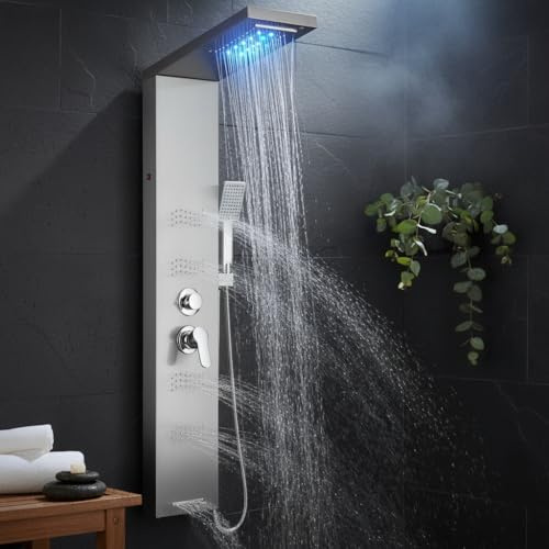 Bath Shower Mixer Tap with LED Shower Tower – 6 in 1 Shower Panel: Rainfall Head, Handheld, 3 Body Jets (2 Modes), Waterfall & Tub Spout – Brushed Stainless Steel – Mixer Shower System