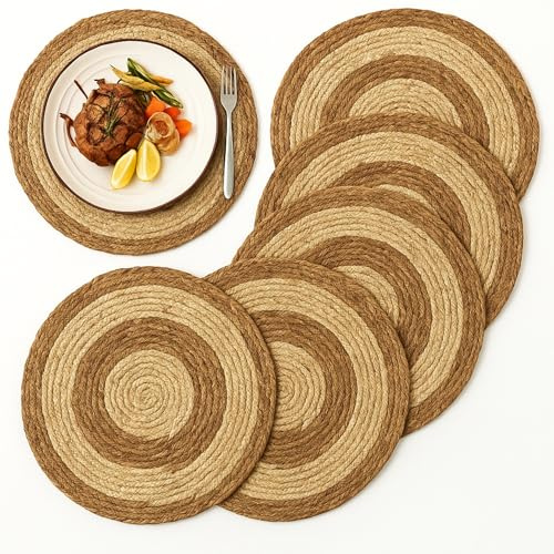 Salvamantel Mimbre Redondo, Mantel Individual, Bajoplatos Redondos, Bajoplatos Mimbre, Apto para el hogar y restaurantes, Resistente al Calor, Diámetro de 40 cm, Pack de 6 Salvamanteles