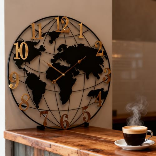 AMAATE World Map Wall Clock, Black and Gold Vintage Luxury with Metal Frame, Retro Geographic Art for Living Room, Study, Travel Theme Decor, 32 Inch