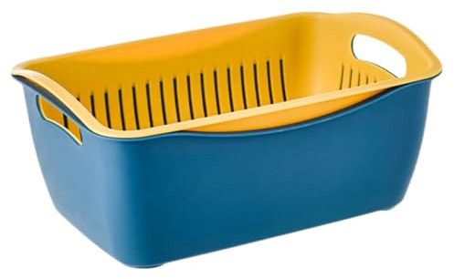 BESPORTBLE Double-layer Fruit Washing Basket Large Plastic Kitchen Drain Basket for Vegetables and Fruits, Blue and Yellow Multifunctional Wash Basin for Home Use