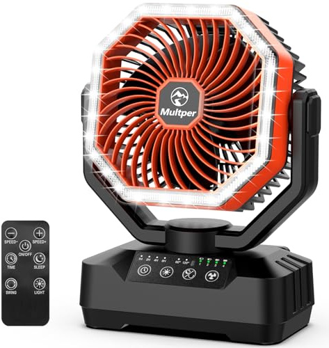 Multper 20000 mAh Ventilatore da Campeggio, Fino a 70h Autonomia Ventilatore Portatile USB Ricaricabile con Telecomando e LED, 4 Velocità Ventilatore da Tavolo con Timer e Oscillazione per Tende, Casa
