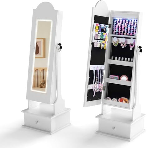 COSTWAY Kids Jewelry Armoire Cabinet, Freestanding Jewelry Organizer with Full Length Mirror, 2 Tilt Angles, Children Vanity Dress Up Mirror for Little Girls (White Cloud with Lights)