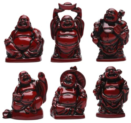 NASSMOSSE 6 st Buddha-staty, röd harts skrattande Buddha-figurer, kinesisk Feng Shui-dekor