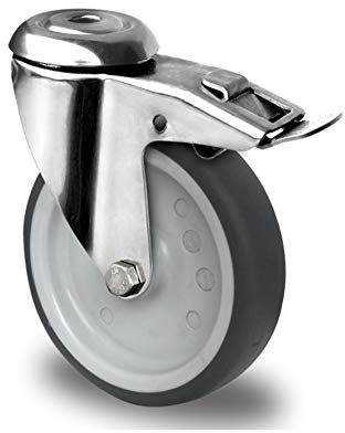 Apparaterolle aus Edelstahl 125 mm mit Bremse Gummi grau spurlos Rückenloch V2A INOX Transportrolle Edelstahlrolle Feststeller Totalfeststeller