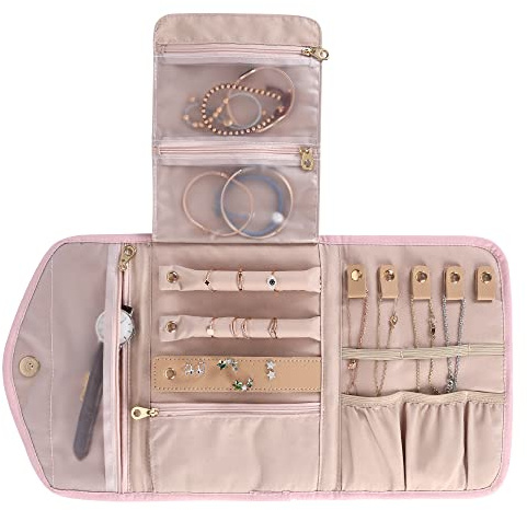 KUAK Travel Jewelry Organizer Roll Foldable Jewelry Roll Bag Small Jewelry Storage Bag for Journey-Rings, Necklaces, Bracelets, Earrings, Light Pink