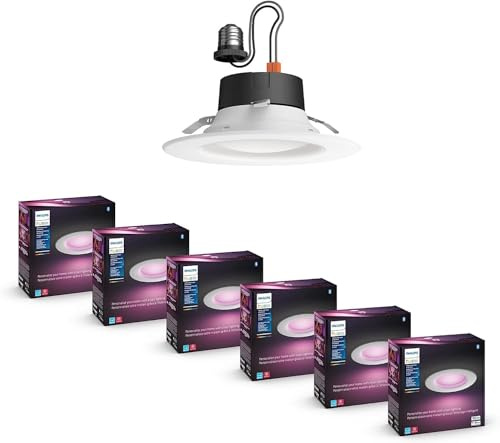 Philips Hue Smart Retrofit Recessed 5/6 Inch LED Downlight, Color-Changing Recessed Lighting, 6 Pack,1100LM, Control with Hue App, Compatible with Alexa, Google Assistant, and Apple HomeKit