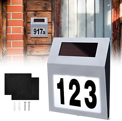 TRMLBE Hausnummer Beleuchtet Solar mit 2 LEDs Solar Hausnummer Hausnummernleuchte aus Edelstahl mit Dämmerungsschalter Hausnummernschild Solarleuchte für außen - Silber