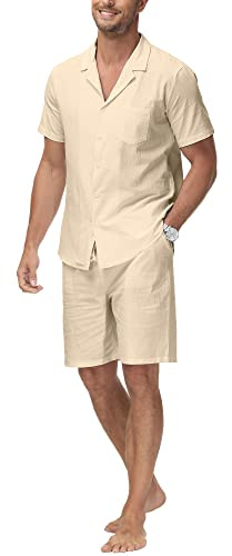 YAOHUOLE Men 2 Piece Outfits Short Suits Mens Beach Wedding Outfit Shirt and Shorts Set Beach Clothes For Men Khaki XL