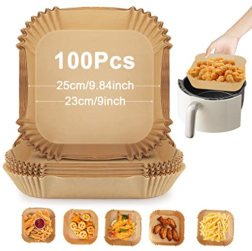100 Pezzi Carta Forno Per Friggitrice Ad Aria 23cm,Teglie Per Friggitrice Ad Aria Quadrati,Antigrasso Antiaderente Fodera in Carta Monouso per 5.0-6.0L Air Fryer, Forno, Padelle, Microonde(23cm)
