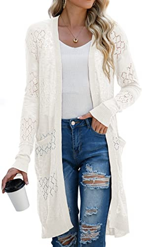 GRECERELLE Dam sommar strand täcka casual badkläder cardigan långärmad semester lös lång bikini coverups kimono för damer, L07 Vit, M | Vardaglig badkläder cardigan långärmad semester lös lång bikini coverups kimono för damer