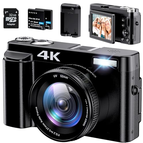 Cámara Digital 4K, 48MP 16X Zoom Camara de Fotos, Cámara Compacta con Enfoque Automático, Flash, Visión Nocturna, Cámara Fotográfica con Cargador de Cuna, 2 Baterías, 32GB Tarjeta para Principiantes